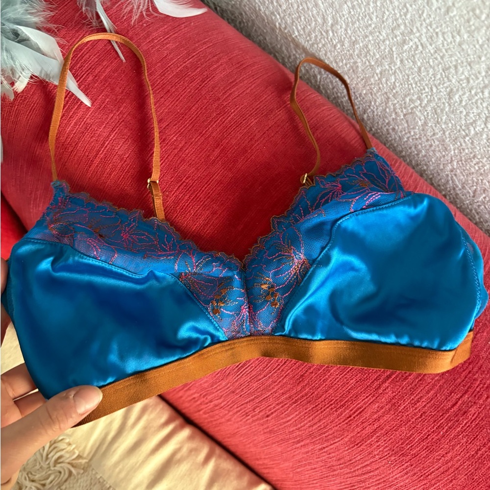 Blue and Brown Lace Trim Bralette